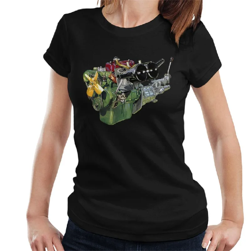 Austin Healey Engine British Motor Heritage Women's T-Shirt Zippered Buttoned Snapped Austin Healey Engine British Motor Heritage Women's T-Shirt Zippered Buttoned Snapped
