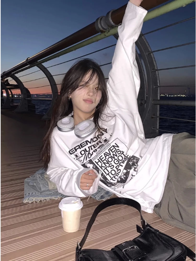 Wjczt Vintage Letter Print T-shirts Casual Oversized White Graphic Long Sleeve Cotton Tees Harajuku Fashion Korean Streetwear Collared T-Shirt Boat Neck A-Line