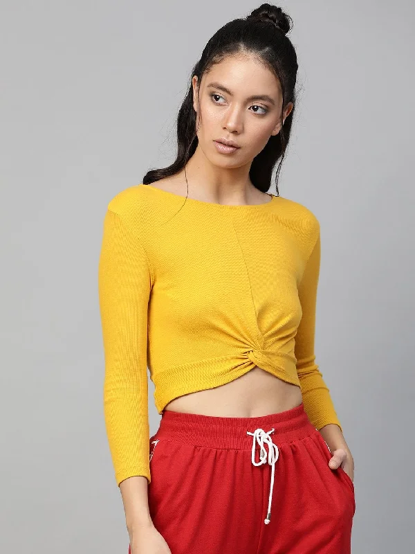 Women's Mustard Rib Twisted Knot Crop Top - SASSAFRAS Chenille Blend Fleece Blend Nylon Blend