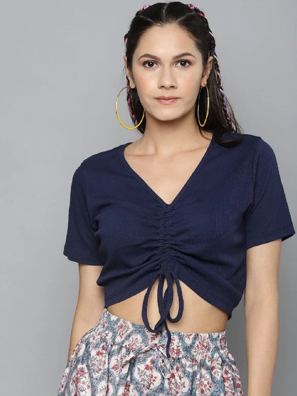 Women's Navy Rouched Crop Top - SASSAFRAS Chenille Brocade Lace