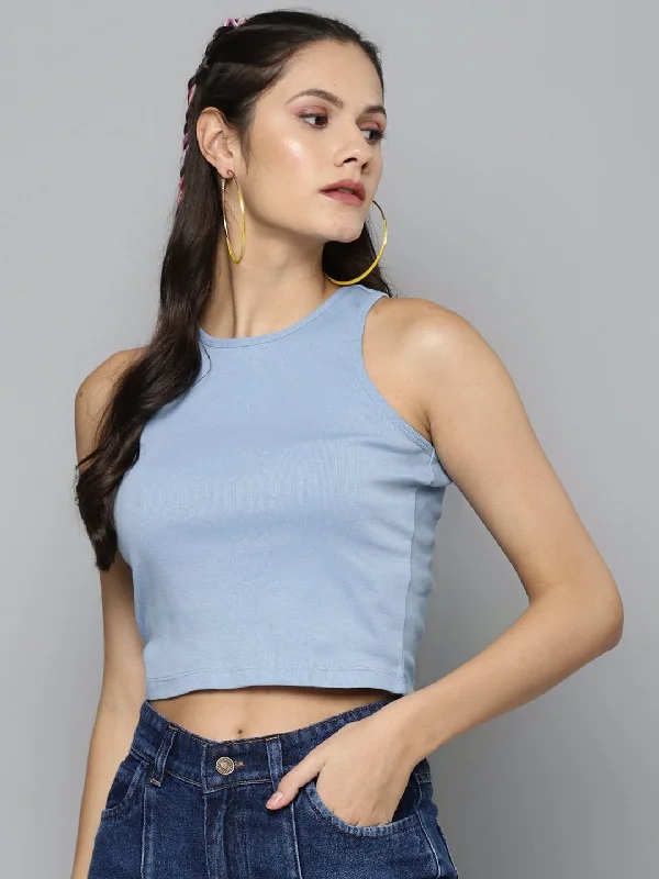 Women's Blue Box Back Crop Top - SASSAFRAS Real Fur Shearling Chenille