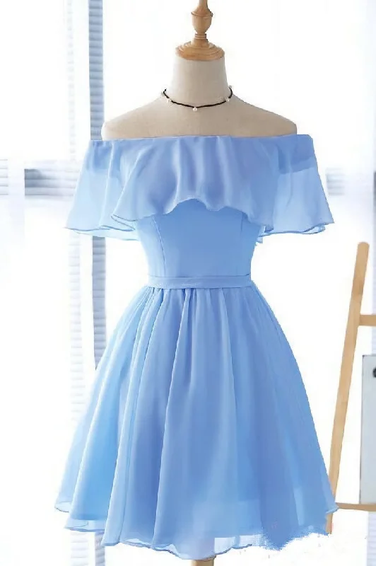 Lovely Blue Short Chiffon Off Shoulder Party Dress, A-line Prom Dress Tunics Party sparkling