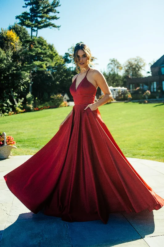 Ruby Red Satin Ballgown Dress With Lace Up Back And V Neck | S10252 Tunics Distressed trendy