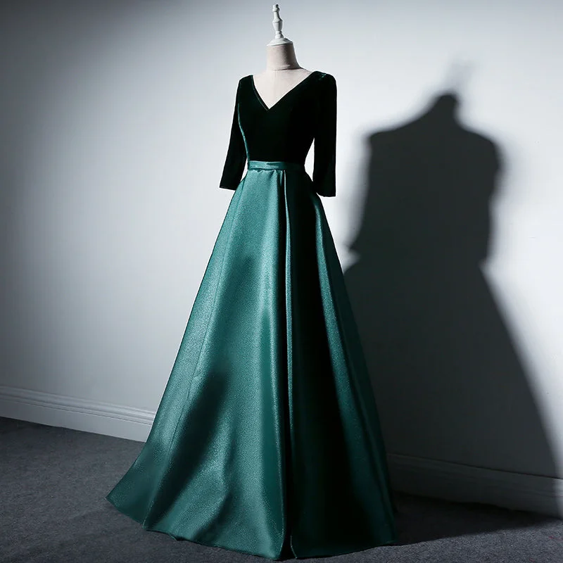 Satin and Velvet Short Sleeves Prom Dress, A-line Green Party Dress Tunics Prom sequined