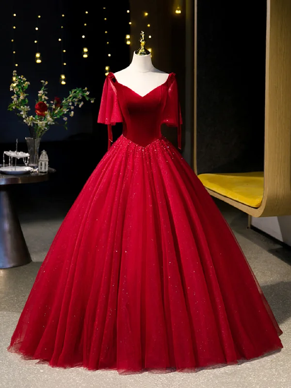 Burgundy Velvet Tulle Floor Length Formal Dress, Burgundy A-Line Evening Party Dress Tunics Stylish elegant