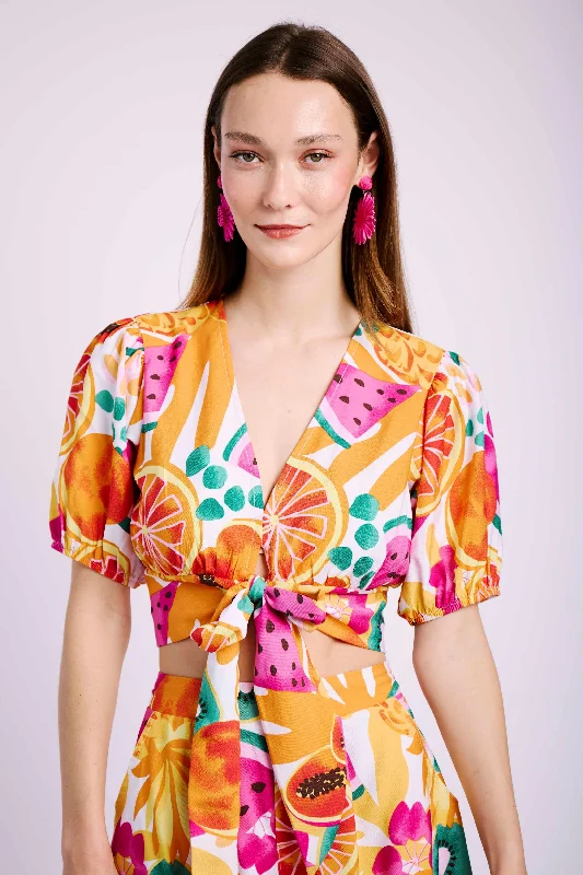 Front Tie Crop Top in Fruit Salad Wool Fabric Cashmere Fabric Tweed Fabric