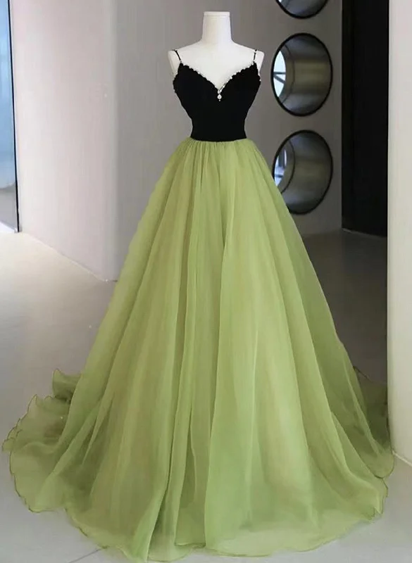 Light Green and Black Beaded Straps Long Party Dress, Green Tulle Evening Dress Prom Dress Tunics Practical easy-care
