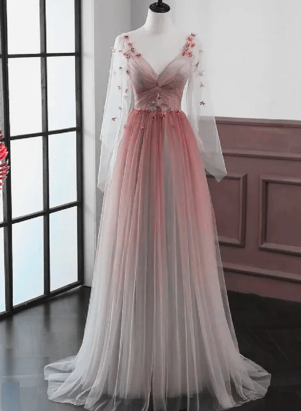 Red Gradient A-line Tulle with Lace Party Dress, Red Floor Length Prom Dress Tunics Running lightweight