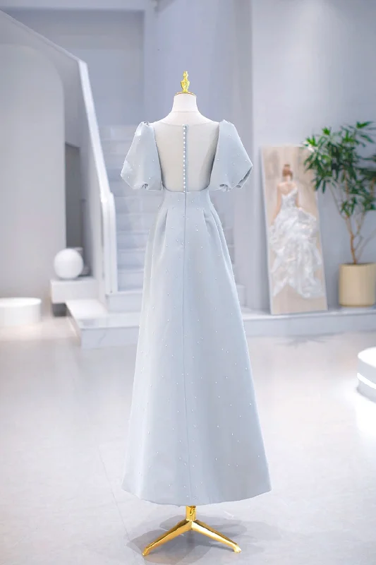 Light Blue Satin Long Prom Dress with Pearls, A-Line Short Sleeve Party Dress Tunics Handmade artisanal