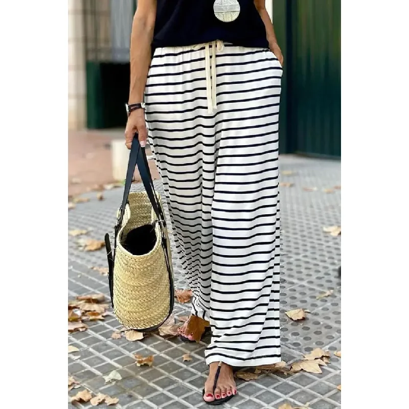White Drawstring Striped Wide Leg Pants Comfy Zip-Up Pants