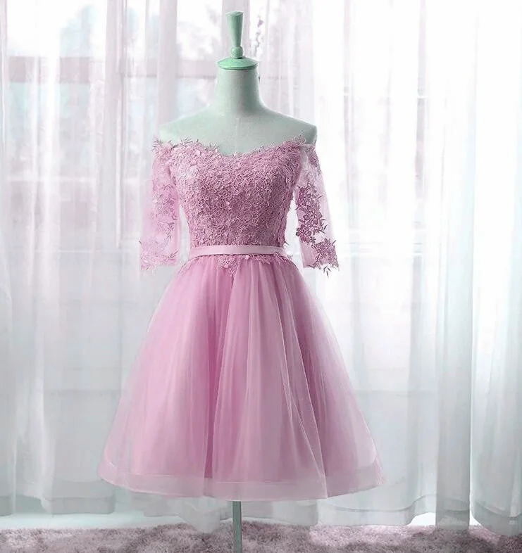 Cute Pink Knee Length Short Sleeves Party Dress, Tulle Prom Dress Tunics Ceremony elegant