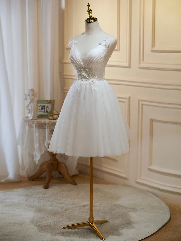 Ivory V-Neck Lace Straps Party Dress, Ivory Knee Length Prom Dress Tunics Leisure comfortable Ivory V-Neck Lace Straps Party Dress, Ivory Knee Length Prom Dress Tunics Leisure comfortable