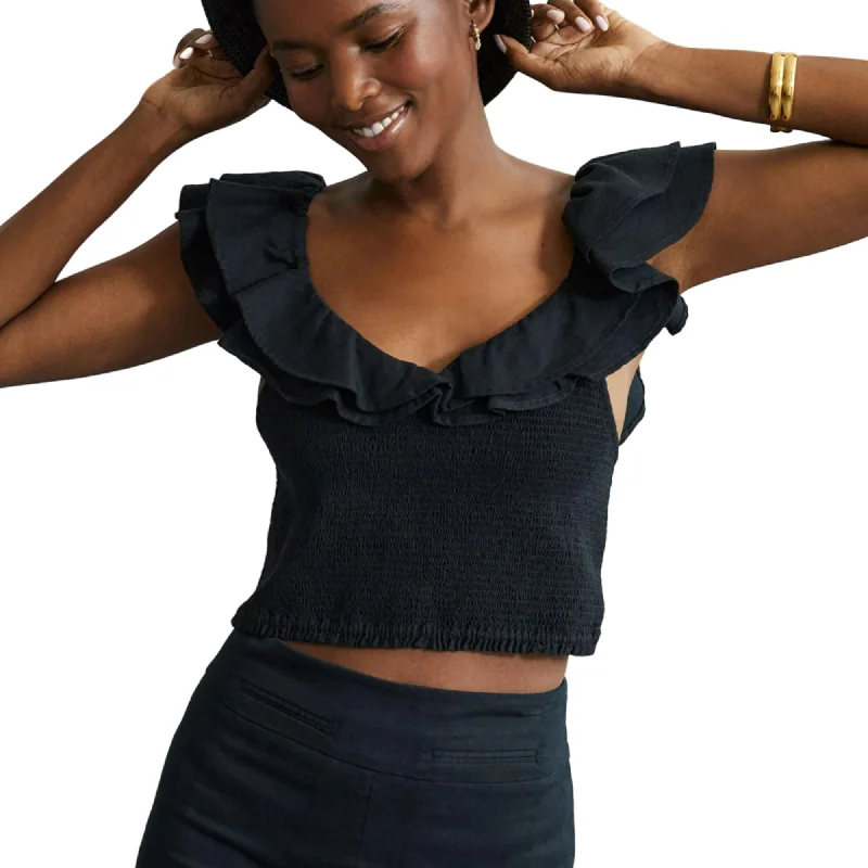 Anthropologie Maeve Ruffled Smocked Crop Top Embroidered Appliqued Beaded