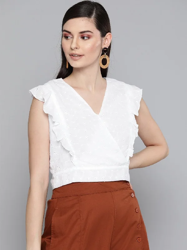 Women's White Schiffli Wrap Crop Top - SASSAFRAS Welt Pockets Slit Pockets Flap Pockets