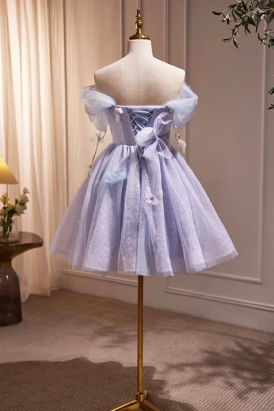 Purple Tulle Short Party Dress, Cute A-Line Off Shoulder Prom Dress Tunics Vintage classic