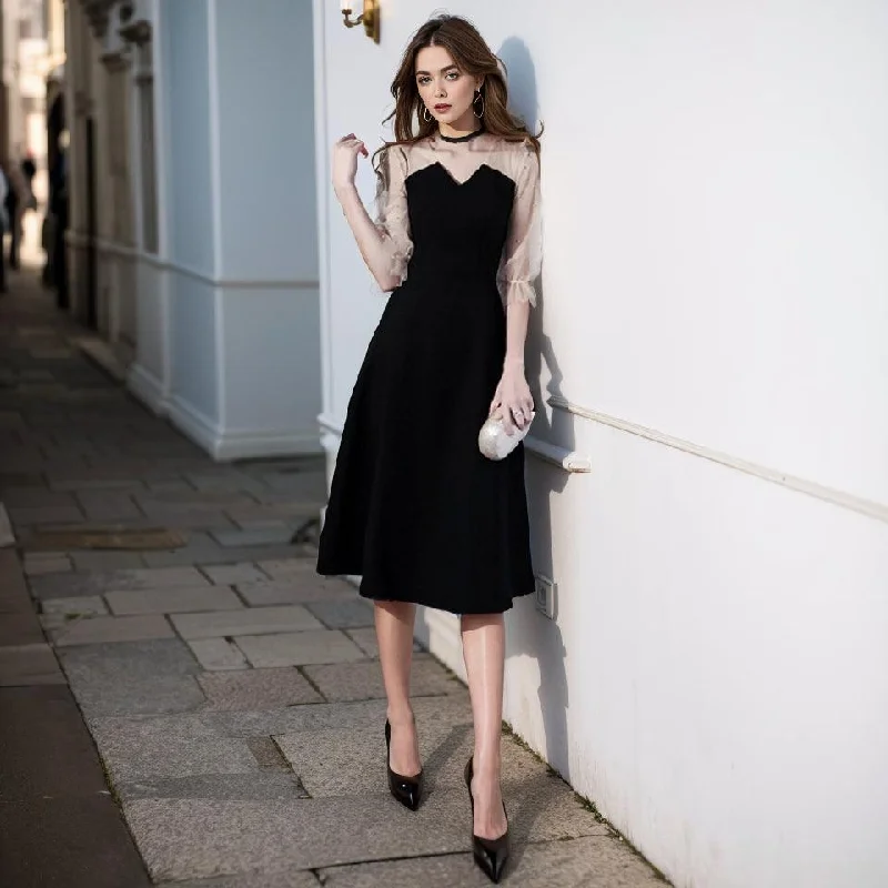 Black Flared Sleeve Party Dress: Elegant Evening Attire Tunics Solid Classic