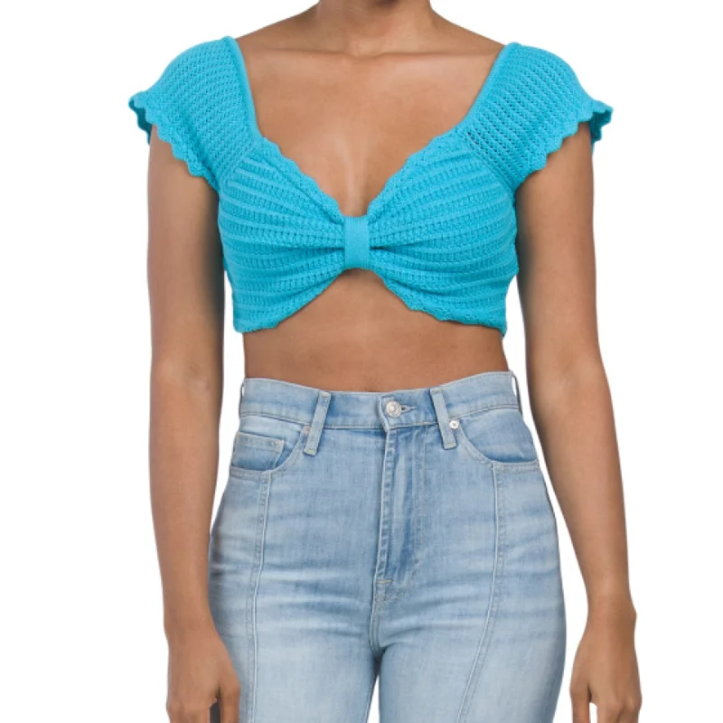 ENDLESS ROSE Women's Bow Detail Cotton Blend Crochet Crop Top Zippered Buttoned Snapped