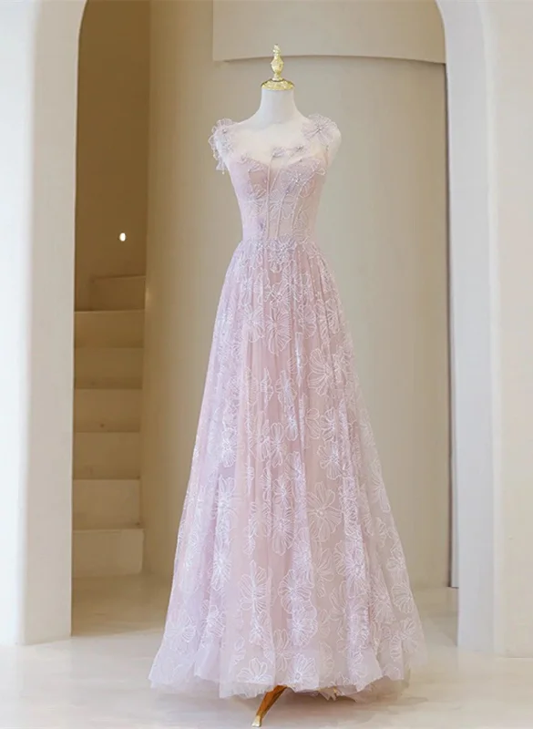 Light Pink Round Neckline Lace Long Prom Dress, A-line Pink Floor Length Party Dress Tunics Summer linen