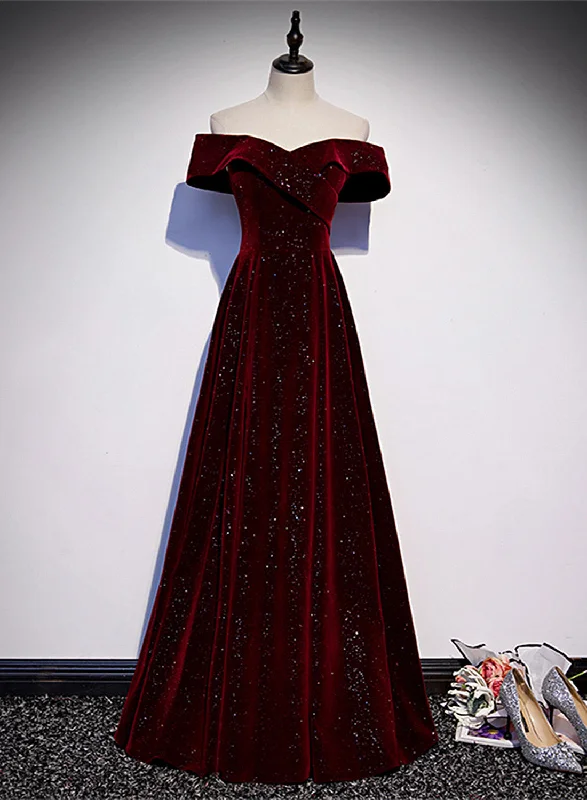 Off Shoulder Wine Red Velvet Long Party Dress, A-line Wine Red Evening Dress Boatneck Modish Everyday