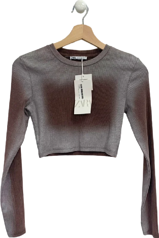 Zara Brown Ribbed Long Sleeve Crop Top UK S Wool Fabric Cashmere Fabric Tweed Fabric
