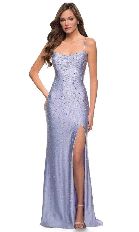 La Femme 29899 - Rhinestone Studded Slit Dress Boatneck Modish Everyday