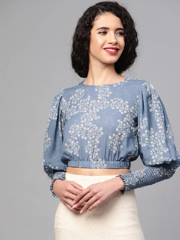 Women's Dark Blue Floral Smocking Sleeve Crop Top - SASSAFRAS Fashionable Trendy Casual