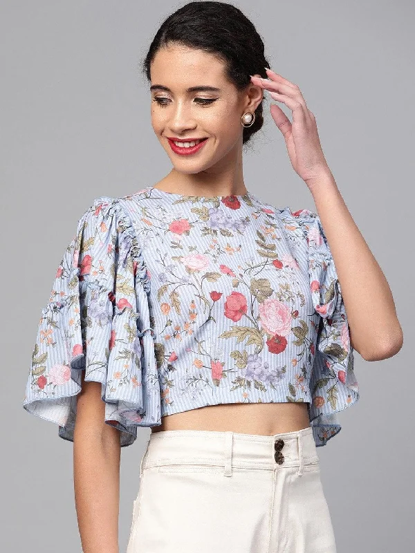 Women's Blue Striped Floral Flare Sleeve Crop Top - SASSAFRAS Terry Blend Velvet Blend Canvas Blend
