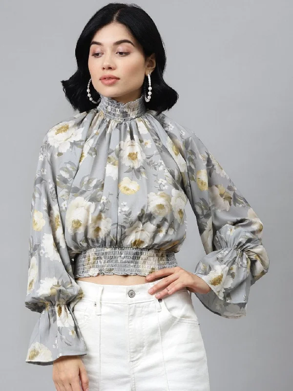 Women's Grey Floral Smocking Detail Crop Top - SASSAFRAS Wool Fabric Cashmere Fabric Tweed Fabric