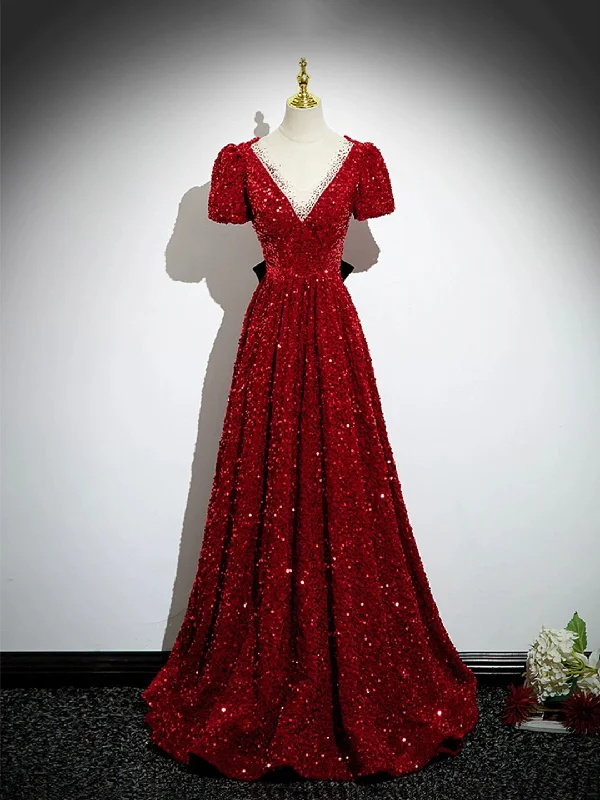 Burgundy V-Neck Sequins Long Prom Dress, A-Line Evening Party Dress with Bow Tunics Practical durable