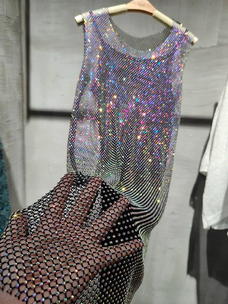Diamond Mesh Party Dress: Elegant Midi Vestido for Club Events - Sparkle & Shine! Tunics Yoga stretchy