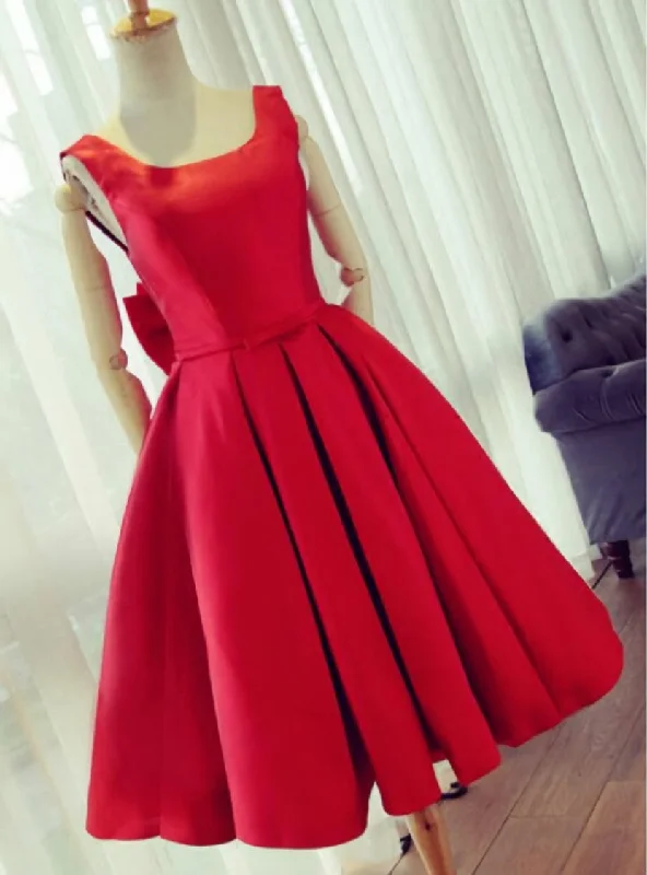 Summer Fashion Party Dress Knee Length Red Prom Dress A line Satin Graduation Dresses Tunics Ceremony elegant