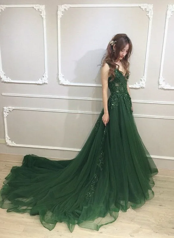 Dark Green Low Back Beaded Lace V-neckline Party Dress, A-line Prom Dress Tunics Chic elegant