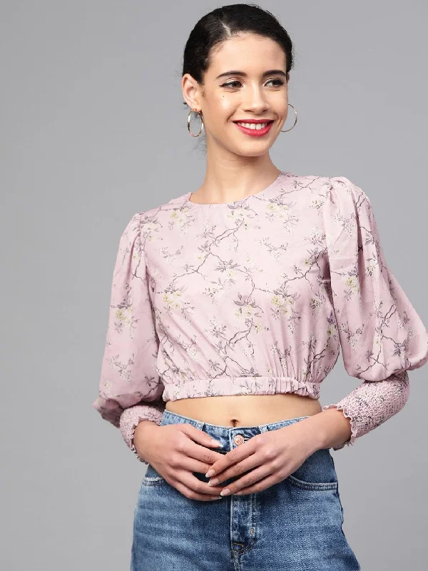 Women's Lilac Floral Smocking Sleeve Crop Top - SASSAFRAS Notch Collar Peter Pan Collar Cowl Neck
