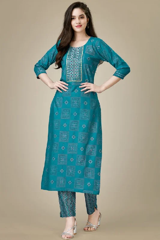 Teal Color Amazing Rayon Fabric Kurti And Pant Slim-Fit Khaki Pants