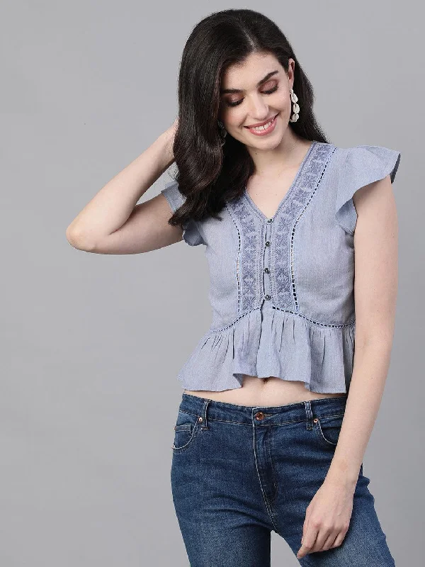 Women's Cotton Blue Embroidered Crop Top - Ishin Houndstooth Herringbone Solid
