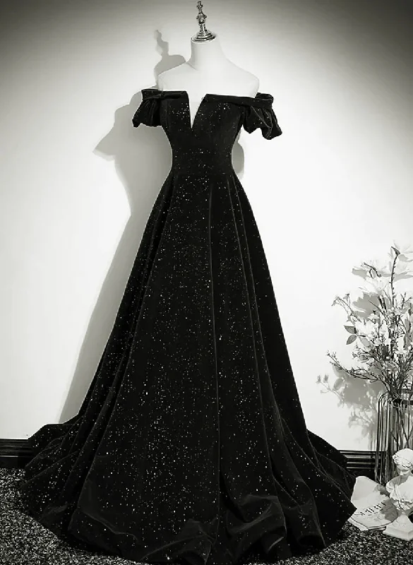 Black Off Shoulder Velvet Long Party Dress Prom Dress, Black Simple Evening Dress A-Line Day Work