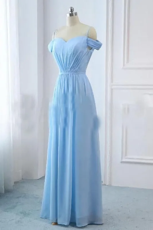 Light Sky Blue A Line Off The Shoulder Natural Waist Ruched Prom Dress, Lace Up Party Dress Tunics Mesh breathable