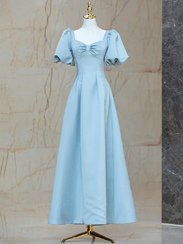 Blue Satin Pearl Long Prom Dress, A-Line Blue Evening Party Dress Cowl Neckline Elegant