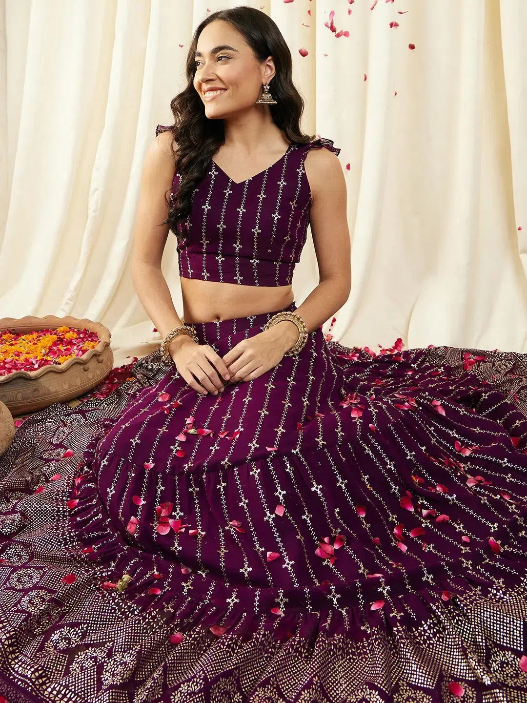 Crop top With Back tie and Flared Skirt in Pruple Color Mesh Blend Leather Blend Suede Blend