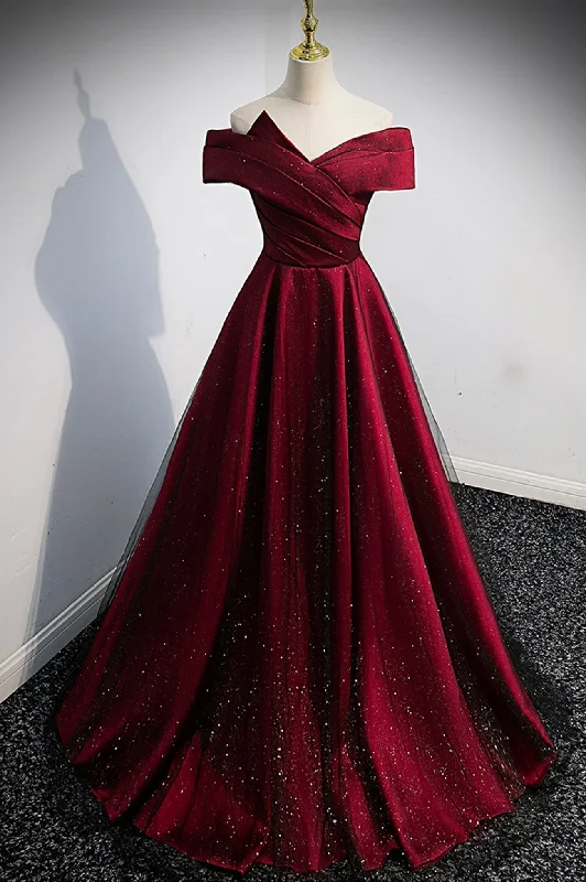 Burgundy Off the Shoulder Prom Dress, A-Line Evening Party Dress Chiffon Maxi Beach