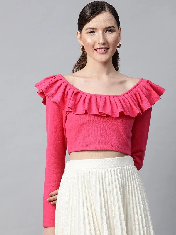 Women's Fuchsia Frilly Neck Rib Crop Top - SASSAFRAS Print Jacquard Patchwork