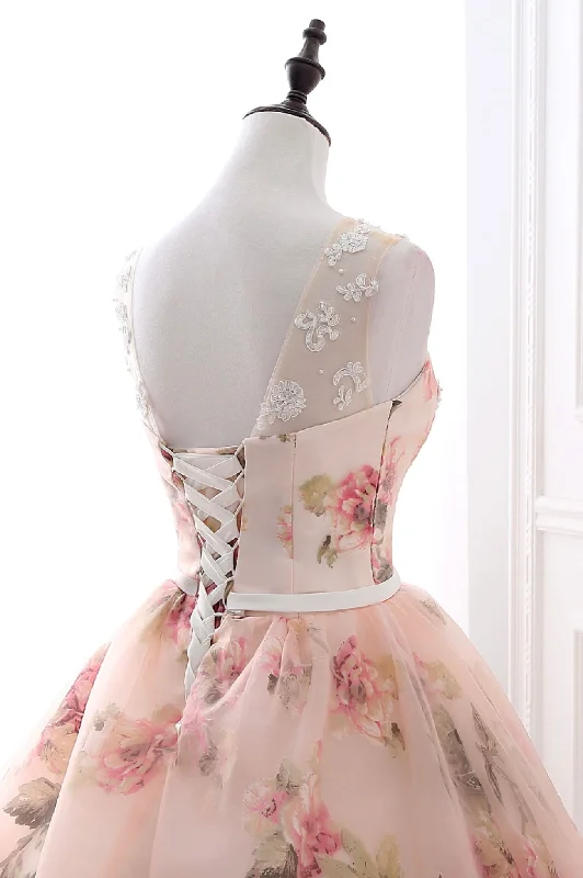 Cute Floral Long Prom Dress with Lace,  A-Line Scoop Neckline Party Dress Satin Halter Glamorous
