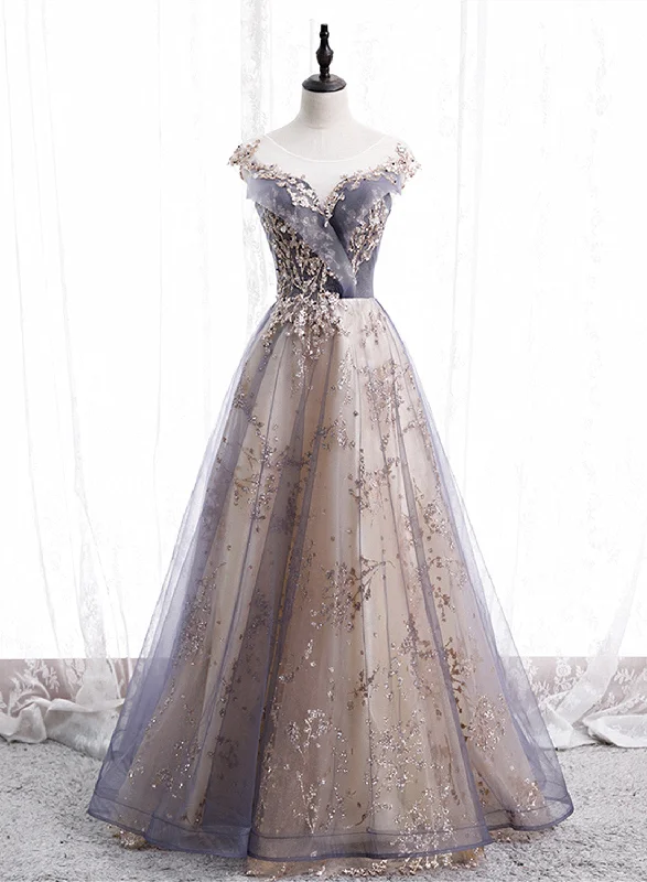 A-line Tulle with Lace Applique Party Dress, Tulle Long Prom Dress Tunics Yoga stretchy