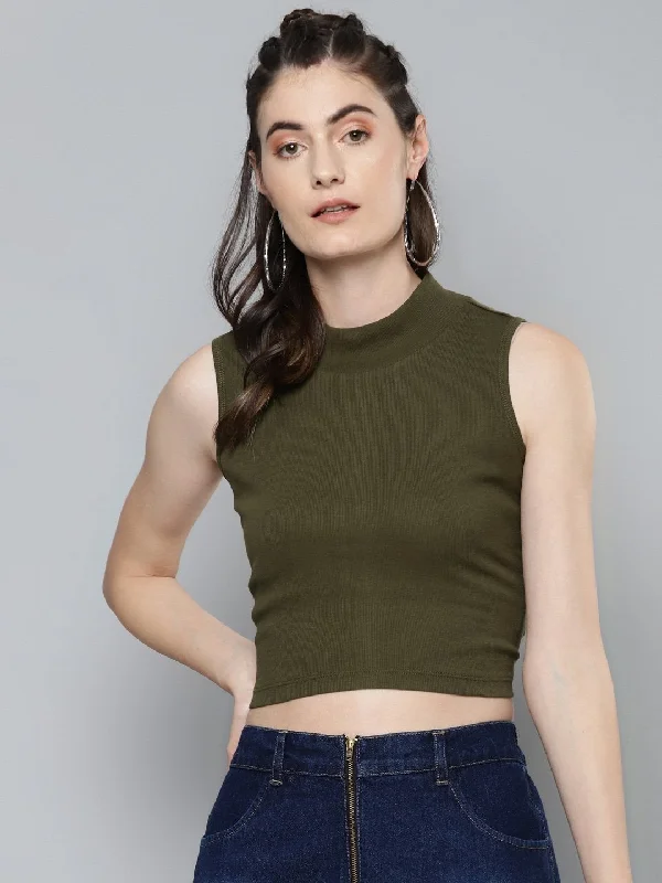 Women's Olive High Neck Crop Top - SASSAFRAS Terry Blend Velvet Blend Canvas Blend