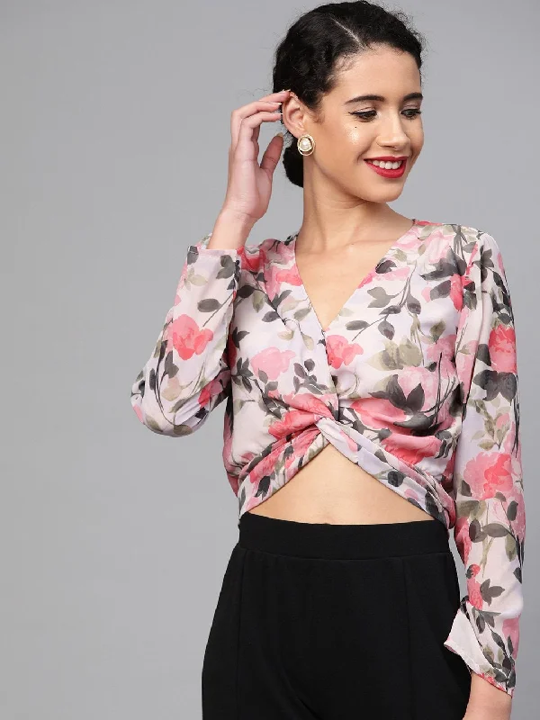 Women's Beige Floral Front Twisted Crop Top - SASSAFRAS Iron Safe Non-Iron Wrinkle Free