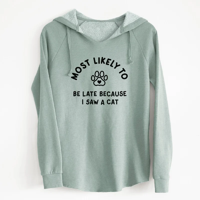 Most Likely to Be Late Because I Saw a Cat - Cali Wave Hooded Sweatshirt Hoodie with Hem Lace Feminine Delicate