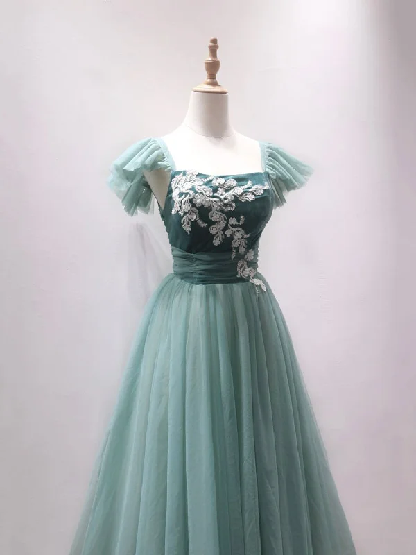 Green Velvet Tulle Tea Length Prom Dress, Cute A-Line Party Dress with Lace Tunics Yoga stretchy Green Velvet Tulle Tea Length Prom Dress, Cute A-Line Party Dress with Lace Tunics Yoga stretchy