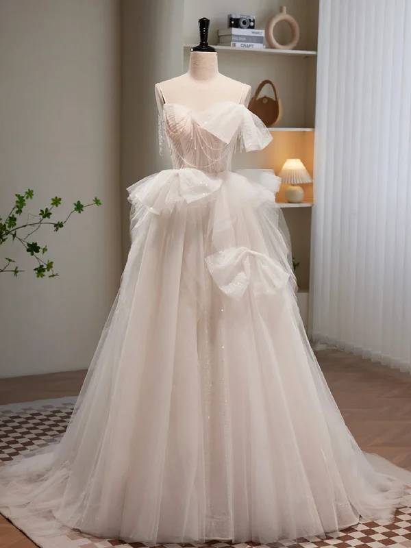 Light Champagne Tulle Long Princesse Dress, Lovely Spaghetti Straps Evening Party Dress Tunics Favorite customer