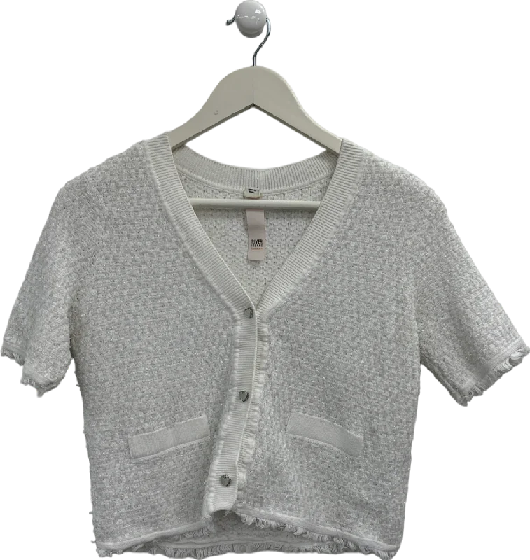 River Island White Heart Button Crop Top UK 8 Denim Fabric Leather Fabric Suede Fabric