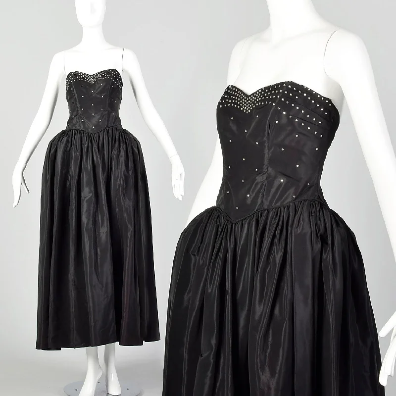 XXS 1940s Black Taffeta Evening Gown Formal Party Dress with Panniers and Rhinestone Studded Bodice sweetheart Neckline Romantic
